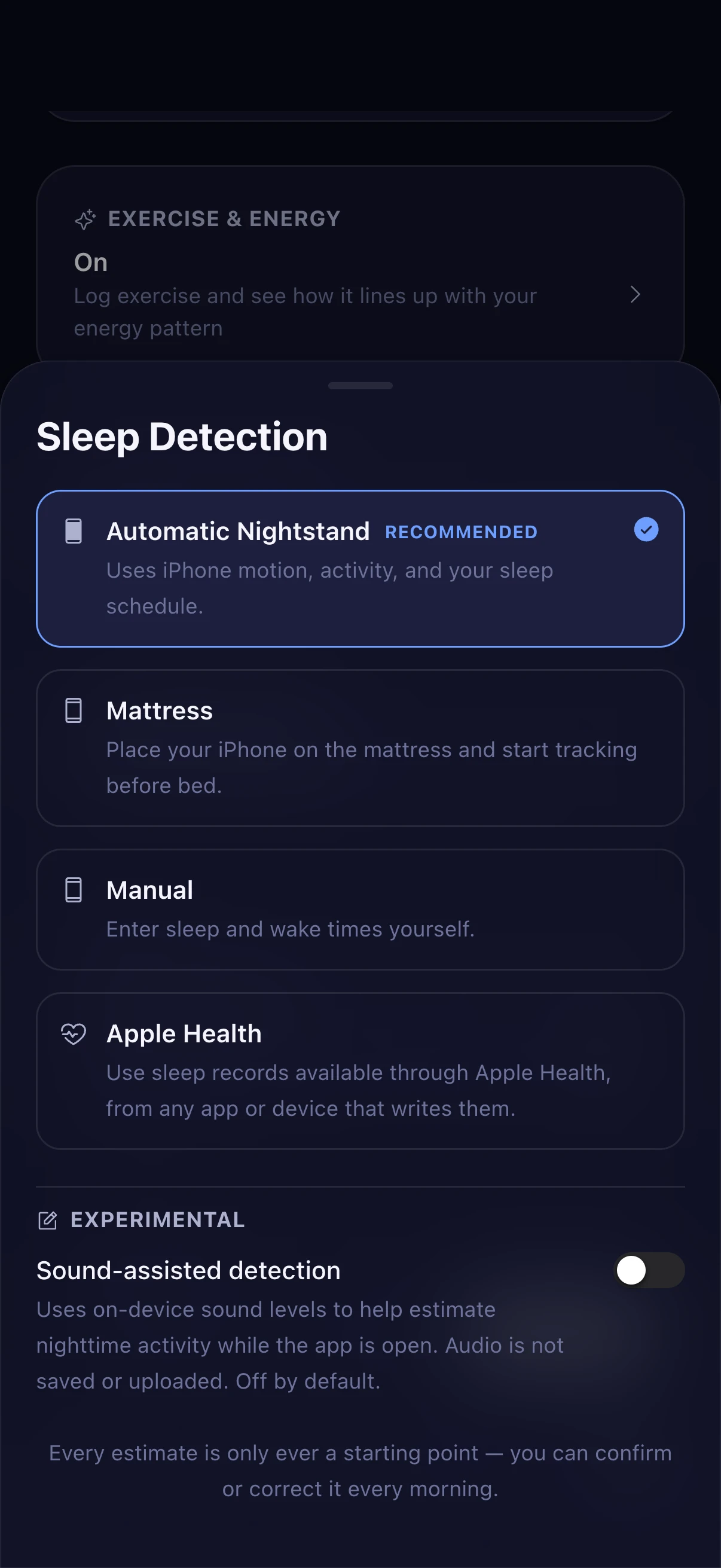 The Sleep Detection sheet: Automatic Nightstand (recommended), Mattress, Manual and Apple Health, and an experimental, off-by-default sound-assisted option that never saves audio