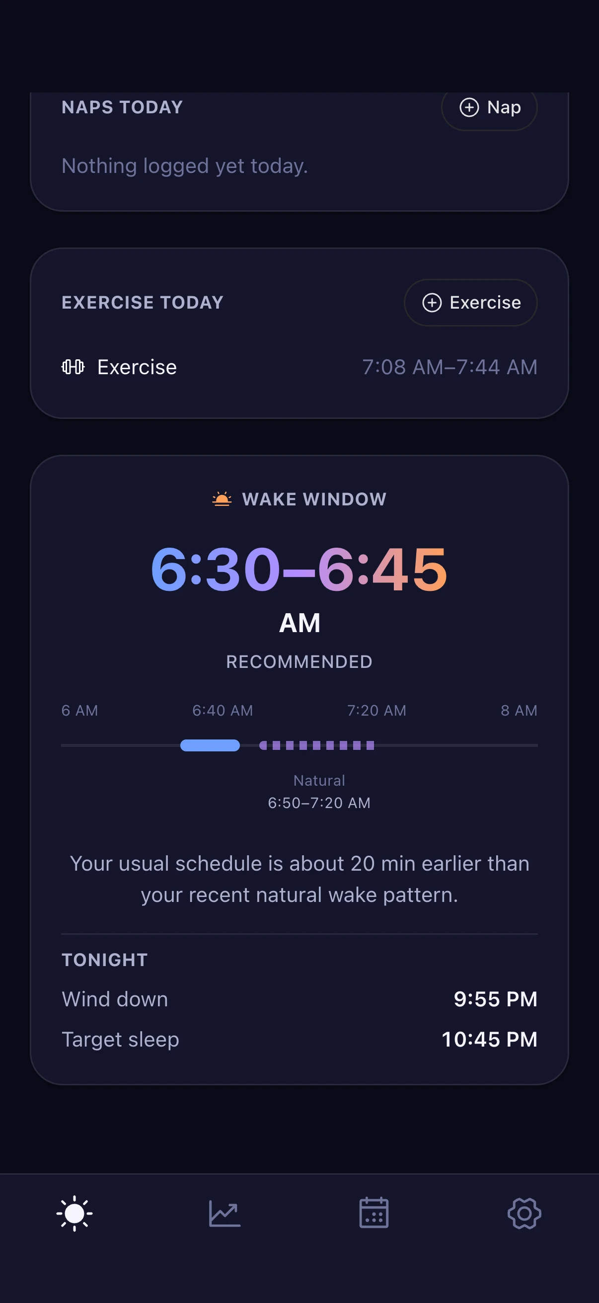 The Wake Window card: a recommended wake window of 6:30 to 6:45 AM on a timeline beside a natural wake range of 6:50 to 7:20 AM, then tonight's wind-down at 9:55 PM and target sleep at 10:45 PM